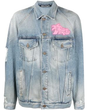 Palm Angels Graffiti-Print Denim Jacket - Blue