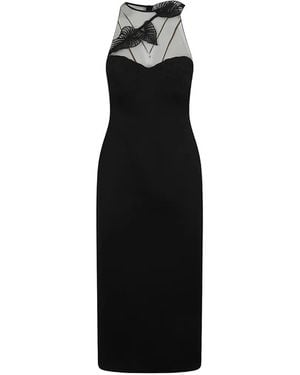 David Koma Leaf-Appliqué Mesh-Panel Midi Dress - Black
