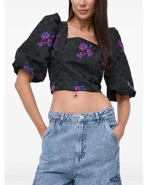 Custommade• Puff-Sleeve Floral-Embroidered Top - Blue