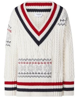 Thom Browne Merino-Wool Fair Isle Cable-Knit Pullover - Grey
