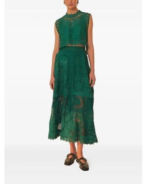 FARM Rio Floral-Lace Midi Skirt - Green