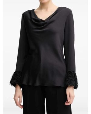 Joseph Ribkoff Cowl-Neck Fringed-Hem Blouse - Black
