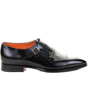 Santoni Double-Buckle Leather Monk Shoes - Black