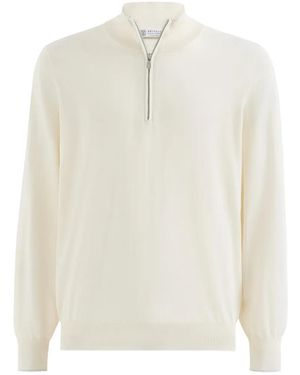 Brunello Cucinelli Jersey Sea Island De Algodón Y Cachemira Con Media Cremallera - Blanco