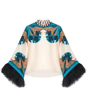 La DoubleJ Blouse En Soie À Fleurs Et À Plumes - Bleu