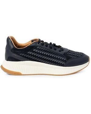 BOSS Woven-Panel Leather Sneakers - Blue