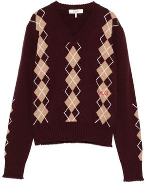Chloé V-Neck Argyle-Knit Jumper - Purple