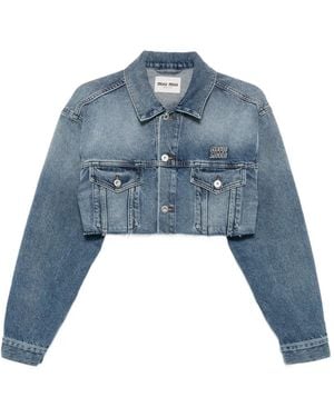 Miu Miu Cropped-Jeansjacke Mit Logo-Stickerei - Blau
