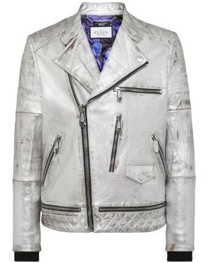 Philipp Plein Chaqueta biker de piel - Gris