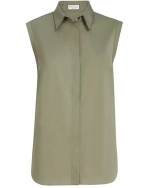 Brunello Cucinelli Monili Stretch Cotton Poplin Sleeveless Shirt - Green