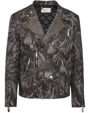 Philipp Plein Skull Studded Biker Jacket - Grey