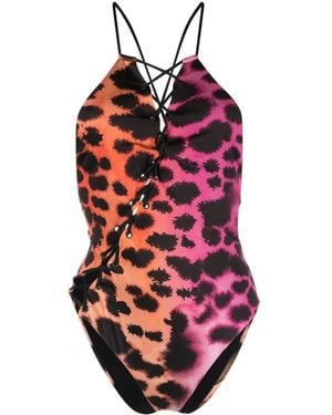 Roberto Cavalli Leopard-Print Lace-Up Swimsuit - Red