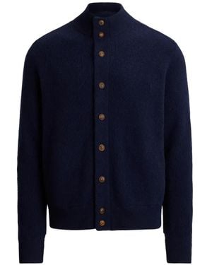 Ralph Lauren Rib-Knit Mock-Neck Cardigan - Blue