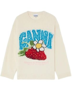 Ganni Intarsien-Pullover Mit Erdbeermotiv - Weiß