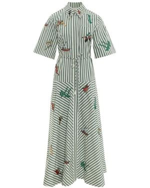 ALÉMAIS Vestido Camisero A Rayas Con Bordado - Verde