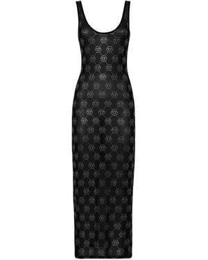 Philipp Plein Long Dress Monogram Strass - Black