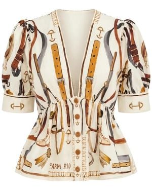 FARM Rio Equestrian-Print Puff-Sleeve Blouse - White