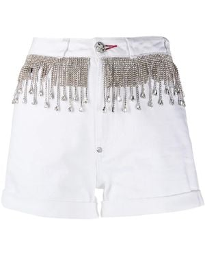 Philipp Plein Crystal-Embellished Denim Shorts - White