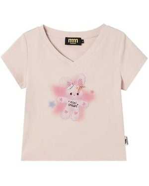 Mini Cream Graphic-Print V-Neck T-Shirt - Pink