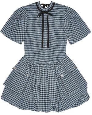 Ganni Seersucker Check Mini Layer Dress in Blue | Lyst