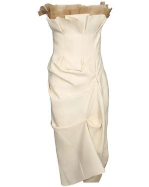 KHAITE Tulle-Trimmed Draped Midi Dress - Natural