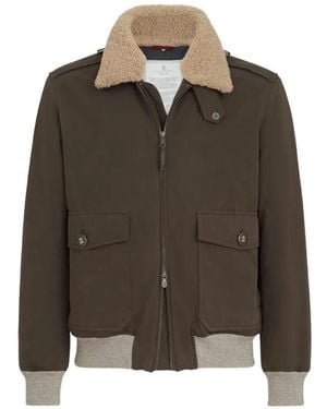 Brunello Cucinelli Waxed Techno Cotton Bomber Jacket With Thermore Padding And Detachable Shearling Collar - Brown