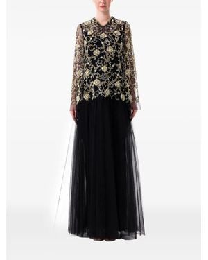 Dina Melwani Floral-Embellished Layered Maxi Dress - Black