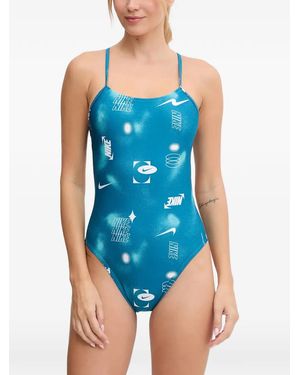 Nike Logo-Print Metallic-Effect Swimsuit - Blue