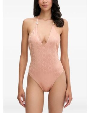Guess Logo-Print Halterneck Swimsuit - Pink