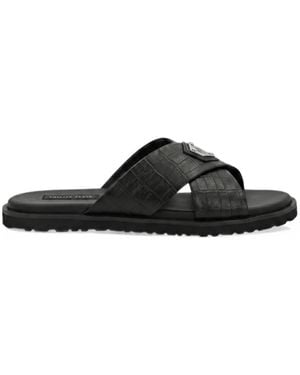 Philipp Plein Leather Slippers Criss-Cross Cocco - Black