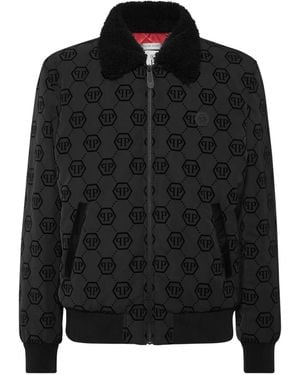 Philipp Plein Monogram Shearling-Collar Bomber Jacket - Black