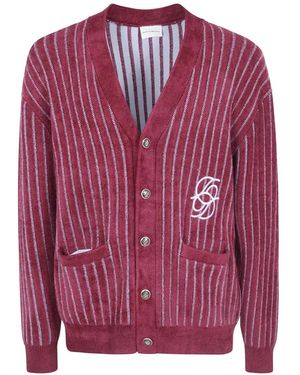 Drole de Monsieur Stripe-Pattern Embroidered-Logo Cardigan - Pink