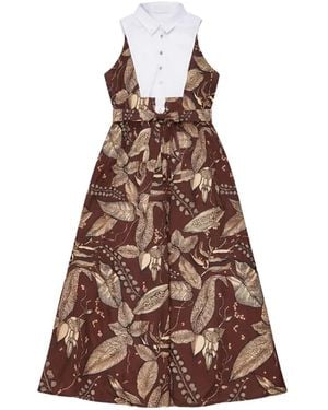 Psophia Retro Bloomleaf Print Tie Midi Dress - Brown