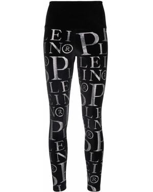 Philipp Plein Velvet Logo-Print High-Waisted Leggings - Black