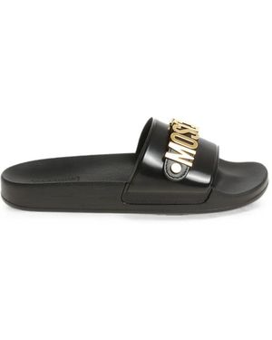 Moschino Logo-Lettering Leather Slides - Black