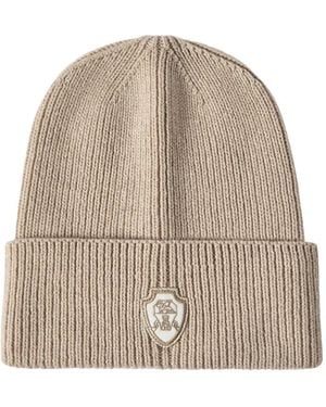 Brunello Cucinelli Cashmere English Rib-Knit Beanie With Patch-Logo - Natural