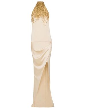 Balmain Silk Halterneck Dress With Sand Effect Embroidery - White