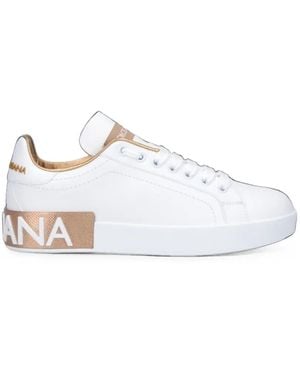 Dolce & Gabbana Portofino Logo-Plaque Leather Trainers - White