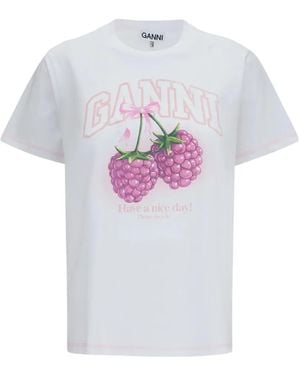 Ganni Raspberry-Print T-Shirt - White