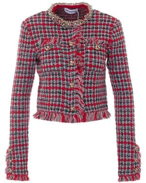 Self-Portrait Checked Frayed Knit Jacket - Red