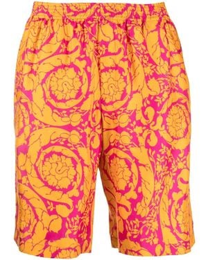 Versace Baroque Silhouette Print Silk Shorts - Orange