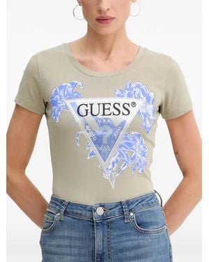 Guess Logo-Print Floral-Detail T-Shirt - Blue