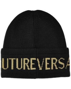 Versace Jeans Couture Berretto A Coste Con Logo - Nero
