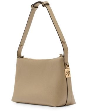 Tory Burch Small Mellow Logo-Plaque Pebbled Shoulder Bag - Natural
