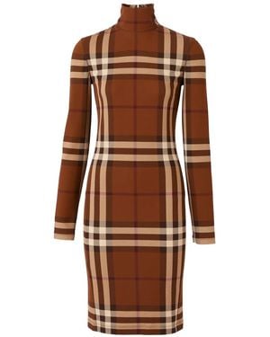 Burberry チェック ファンネルネック ドレス - ブラウン