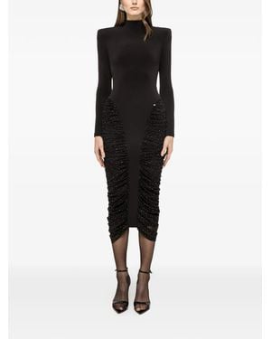 Nissa Rhinestone-Embellishment Ruched Midi Dress - Black