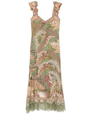 FARM Rio Foliage-Print Ruffled Midi Dress - Metallic