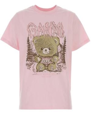 Ganni Teddy-Print Cotton T-Shirt - Pink