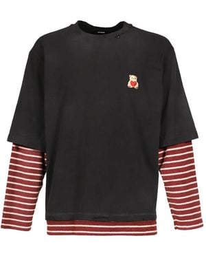 we11done Heart Teddy Layered-Sleeve Bear-Patch T-Shirt - Black