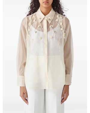 Nenette Fringed Floral-Embellished Sheer Shirt - White